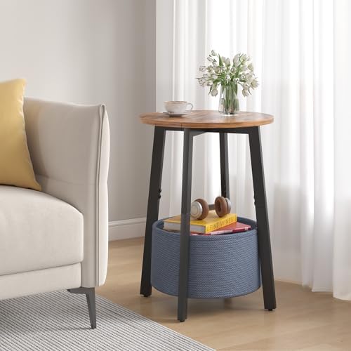 sthmec Small Round Side End Table with Storage Basket, Round Bedside Sofa Couch Coffee Tables for Small Places with Metal Frame, Modern Nighstands for Living Room Bedroom, Rustic Brown - Image 2