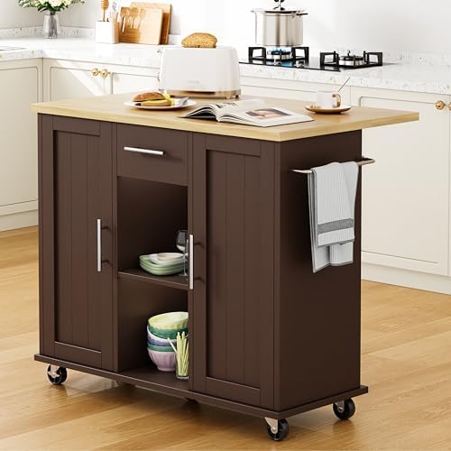 Shintenchi Kitchen Island with Storage, Bar Cart Cabinet Island Table on Wheels, Rolling Microwave Cart for Kitchen with Drop Leaf, Drawers, Towel Rack, Seating Area for Dining Room, Brown by Shintenchi%7CFurnitureMadeforRealLife
