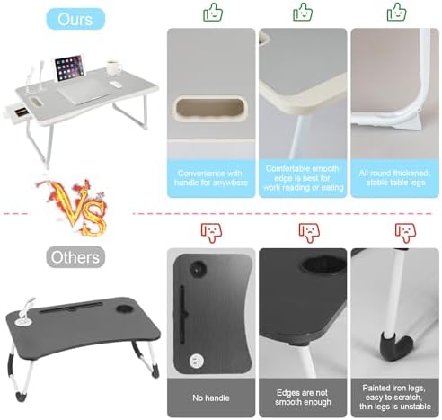 Laptop Bed Table, Laptop Desk for Bed, Foldable Laptop Bed Desk with USB Charge Port, Handle, Desktop Card Slot, Cup Slot, Side Drawer, Portable Laptop Table for Bed Eating Reading Working - Image 4