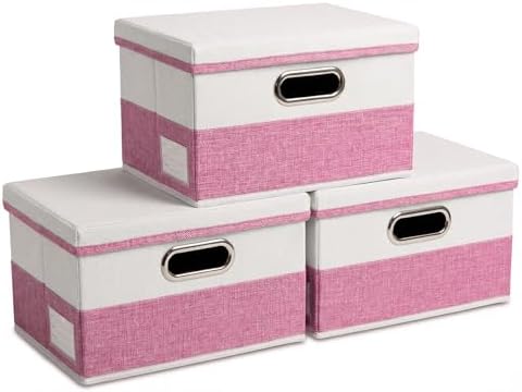 PRANDOM Storage Bins with Lids [3-Pack] Linen Fabric Foldable Storage Boxes Organizer Containers Baskets Cube with Cover for Bedroom Closet Office Pink&White（11.4X8.6X6.7 by Prandom