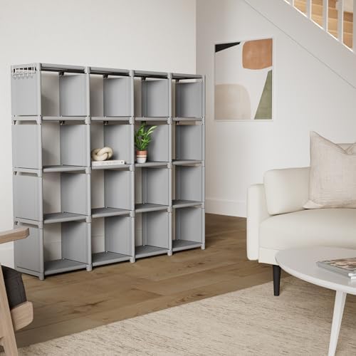 Mavivegue Book Shelf, 16 Cube Storage Organizer, DIY Bookcase, Metal Cube Bookshelf,Tall Book case for Bedroom, Living Room,Office,Closet Storage Organizer, Grey Cubicle Storage Rack - Image 2