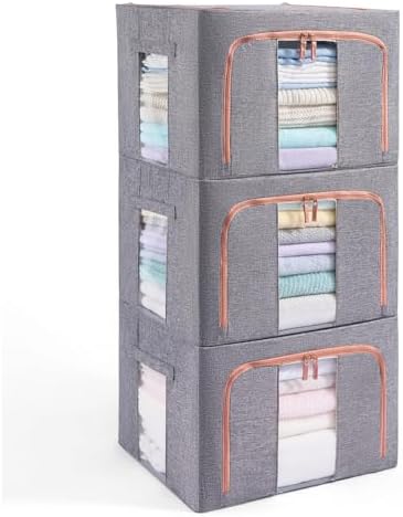 GuliPostan 3 Pack 24L Stackable Clothes Storage Bins with Metal Frame Handles & Zipper, Collapsible Closet Organizer Box with Lid for Bedding Blankets Towel (Grey) by Unknown