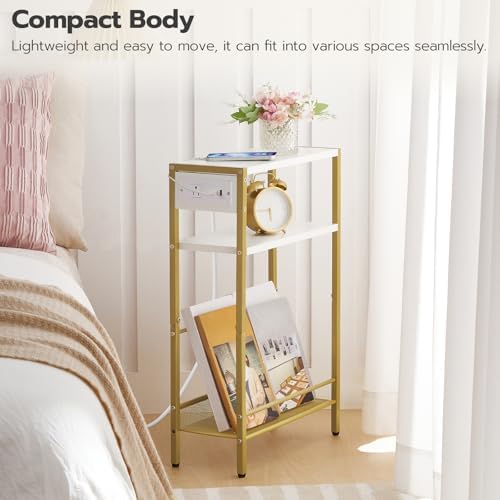 HOOBRO Small Narrow Side Table with Charging Station, Skinny End Table for Small Spaces, Slim Nightstand with USB Ports Outlet, Sofa Beside Table with Storage Shelf, White and Gold DW102UBZ01 - Image 5