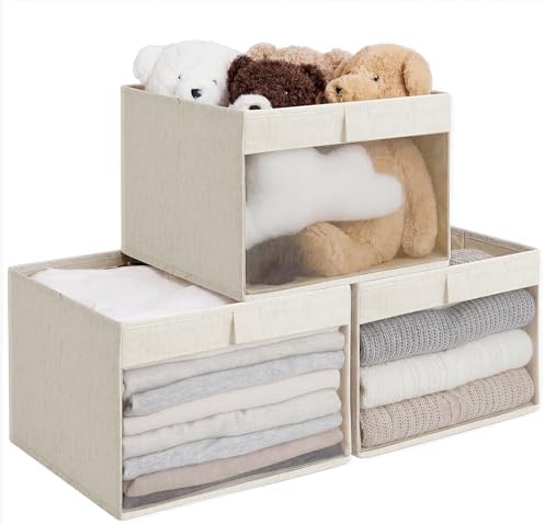 StorageWorks Linen Closet Organizer Bins with Clear Window, Oatmeal Color by StorageWorks