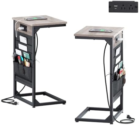 C-Shaped End Tables Set of 2, Small Couch Side Table with Fast-Charging Station, Sofa TV Tray Table with Storage Bag for Living Room, Bedroom, Bedside ET-GY-W2 by Unknown