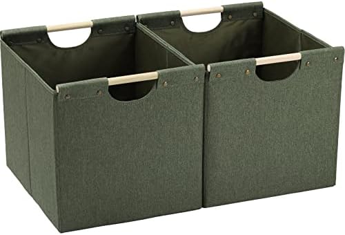 HOONEX Large Collapsible Storage Bins, Linen Fabric, Pack of 2, Storage Baskets with Wooden Carry Handles and Sturdy Heavy Cardboard, for Home, Office, Car, Nursery, Olive by HOONEX