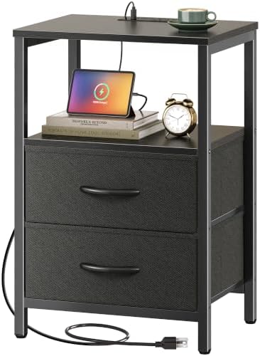 Huuger Nightstand with Charging Station, Side Table with Fabric Drawers by Huuger