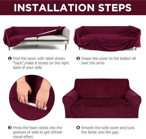 Peryiter 3 Pcs Couch and Loveseat Sofa Covers,Burgundy,Velvet - Image 5
