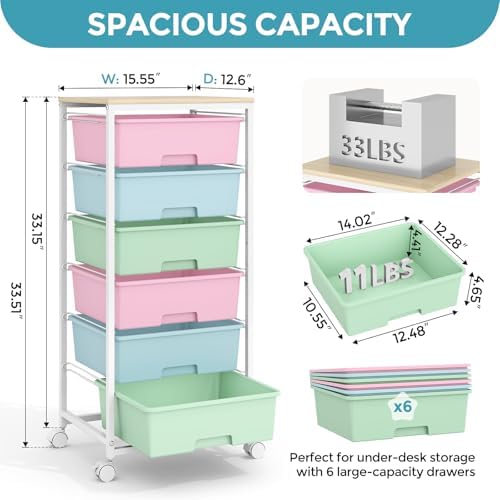 6 Drawer Rolling Storage Cart with Wooden Top and Wheels for Craft Rainbow - Image 3