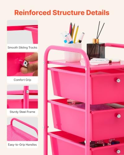 VEVOR Rolling Cart with Drawers, 4 Drawer Storage Organizer, Mobile Utility Cart with Steel Frame, Universal Casters & 2 Brakes, for Office, Classroom, Craft Tools, Garage, Cleaning Supplies, Rose Red - Image 5