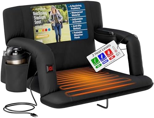 Alpcour Heated Reclining Stadium Seat for Bleachers – Wide Bleacher Chair with Back Support and Cushion, Armrests, Side Pockets, & Hook – Stadium Seats Chairs for Camping, Kayak, Paddle Board & More by Alpcour