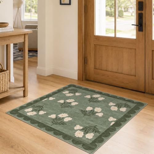 3x3 Square Entryway Rug - Non-Slip Washable Front Door Mat Indoor Outside Entrance Small Porch Rug Sage Green Cottage Scalloped Throw Rugs for Entryway Kitchen Bedroom Office Front Porch Decor by Othilic