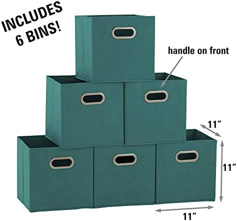Household Essentials Fabric Storage Bins in Strong Poly‑Woven Fabric, Sturdy Chipboard Sides, Grommet Front Handle, Teal Green, Set of 6 - Image 2