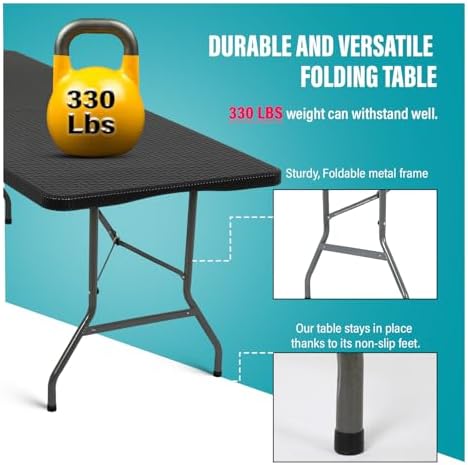 FDW | 6FT Folding Table | Black Ratten | Portable Plastic Table - Image 5