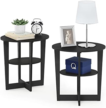 Furinno Jaya 2-Tier Round Side Table Set of 2, Open Shelf, Walnut by Furinno-FitsYourSpaceFitsYourBudget
