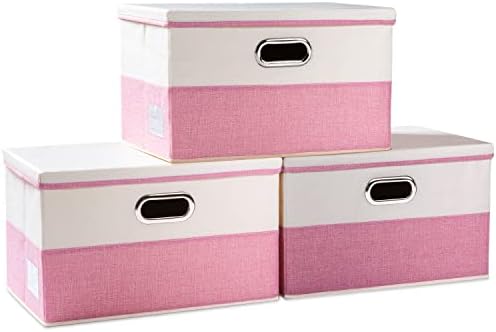 PRANDOM Large Collapsible Storage Bins with Lids [3-Pack] Fabric Foldable Storage Boxes Organizer Containers Baskets Cube with Cover for Home Bedroom Closet Office Pink&Cream(17.7x11.8x11.8) by Prandom