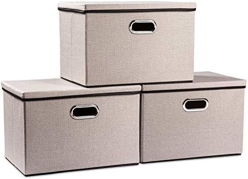 PRANDOM Large Foldable Storage Bins with Lids [3-Pack] linenFabric Decorative Storage Boxes Organizer Containers Baskets Cube with Handles Divider for Bedroom Closet Office Light Grey(17.7x11.8x11.8) by Prandom