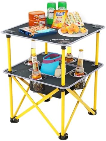 Folding Camping Table with 4 Cup Holders, Lightweight Portable Beach Outdoor Picnic Table, Square Camp Table with Built-in Food Basket Travel Bag for BBQ, Camping, Tailgate by ArmorCastle