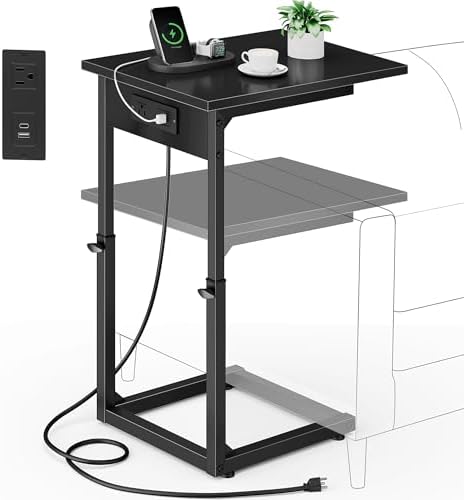 Vagusicc C Shaped End Table with Charging Station, 33"Tall C-Table End Table Adjustable Height Side Table for Couch, Couch Table That Slide Under Sofa Table TV Tray Table for Living Room,Bedroom,Black by Vagusicc