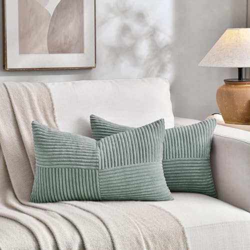 Fancy Homi 2 Packs Grey Blue Long Lumbar Decorative Throw Pillow Covers 16x24 Inch for Couch Bed Sofa, Rustic Farmhouse Boho Home Decor, Soft Striped Corduroy Rectangle Accent Cushion Case 40x60 cm - Image 5