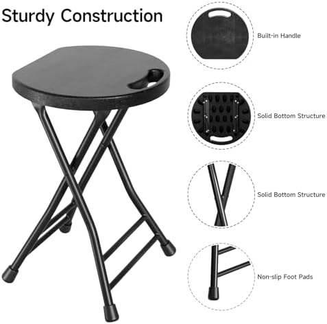 LEDLAY18 Inch Folding Stool with Handle - 500LBS Capacity Portable Foldable Stool with Non-Slip Feet, Heavy-Duty Steel & Plastic Collapsible Stool for Indoor Outdoor Use, Black - Image 4
