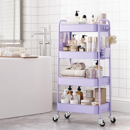 TOOLF 4 Tier Rolling Cart, Metal Utility Storage Cart with Pegboard, Purple | 2 Bins & 4 Hooks, Screwless Assembly, Lockable Wheels, Trolley Organizer for Bathroom, Kitchen, Office, Dorm, Craft Room - Image 4