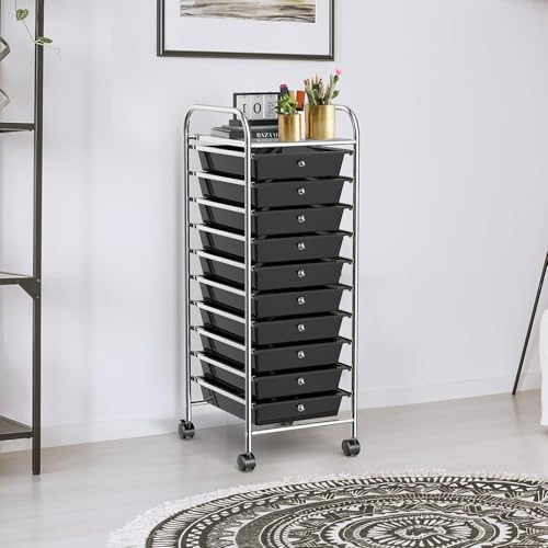 10-Drawer Rolling Storage Cart, Trolley w/Lockable 360° Wheels, 10 Removable PP Drawers, Sturdy Metal Frame, Rolling Utility Cart Perfect for Home, Office, Classroom (Black) - Image 2