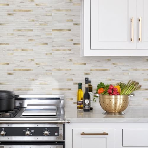 STICKGOO 2 Sheets Peel and Stick Backsplash Tile, Stick on Backsplash for Kitchen and Bathroom, Glossy Eurasian Wood Grain PVC Mixed Metal Gold Self Adhesive Wall Tiles - Image 5