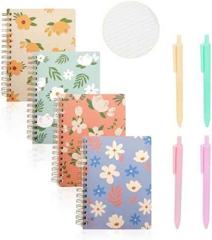 4pack A6 Spiral Notebooks with 4pcs Pens, 5.7x4.1 Inch Small College Ruled Notepads, 80 Sheets Mini Floral Journals Diary Memo Planner for Women Gift Office School Supplies (160 Pages) by OT-NVWOZR