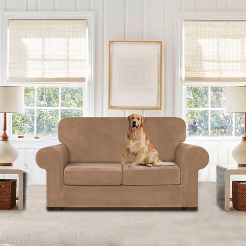 WEERRW Velvet Stretch 3 Pieces Couch Cover for Sofa Washable, Camel - Image 2