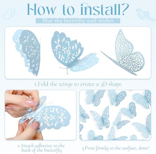 Bememo 72 Pcs 3D Butterfly Wall Decals, 3 Sizes,Sky Blue | Metallic Hollow Design for Bedroom Living Room, Removable Adhesive Wall Decor, Easy Peel Stick Party Decoration Stickers - Image 4