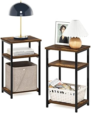 Furinno JUST 3-Tier Metal Frame Telephone Table, Set of 2, Amber Pine by Furinno-FitsYourSpaceFitsYourBudget