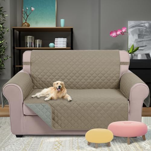 U-NICE HOME Loveseat Sofa Cover for 2 Cushion Couch, Khaki/Light Grey - Image 2