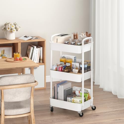 Sywhitta 3-Tier Plastic Rolling Utility Cart with Wheels for Storage,White - Image 3