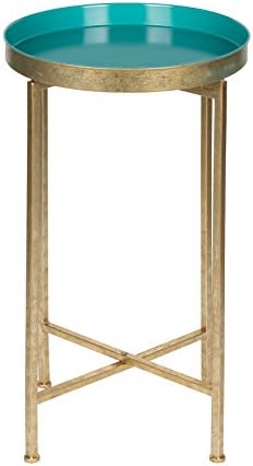 Kate and Laurel Celia Round Metal Foldable Tray Accent Table, Teal with Gold Base by KateandLaurel