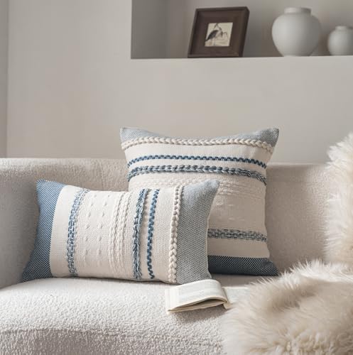 Cethom Boho Throw Pillow Covers 12x20 Inch Set of 2, Blue Textured Decorative Couch Pillow Cases for Farmhouse Home Decor, Accent Cushion Cover for Sofa, Bed, Living Room, Bedroom - Image 2