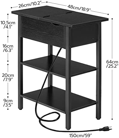 HOOBRO Side Table, Flip End Table with Charging Station and Shelves, USB Ports & Power Outlets, Narrow Nightstand for Small Spaces, Stable and Sturdy, for Living Room, Black BK341BZ01 - Image 3