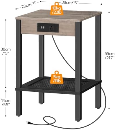 HOOBRO Side Table with Charging Station, Set of 2 End Table with USB Ports and Outlet, Nightstand with 2-Tier Storage Shelf, Faux Rattan Decoration, for Small Space, Greige and Black BG91UBZP201 - Image 3