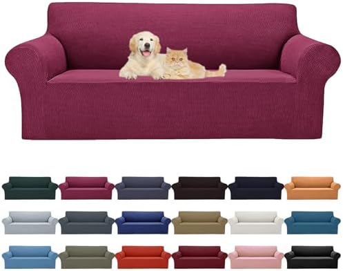 Cupuamon 2026 New Stretch Sofa Slipcovers Couch Cover for 3 Cushion Furniture Protector Sofa Covers with Elastic Bottom Jacquard Fabric Small Checks for Pets, Kids -Sofa, Wine by Cupuamon