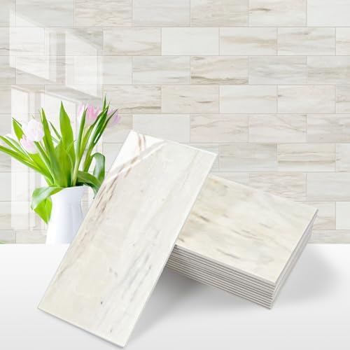 Vamos Tile 100-Piece Glossy Wooden Marble Grain Peel and Stick Backsplash Tile,3''x6'' PVC Subway Tile with White Grout, Stick on Backsplash for Kitchen/Bathroom/Fireplace by VamosTile