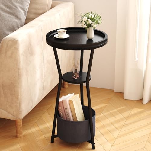 Yusong Round Side Table, Small Drink Table for Small Spaces, 3-Tier Industrial End Table, Accent Nightstand Bedside Table for Living Room, Bedroom, Sofa Couch, Black - Image 2