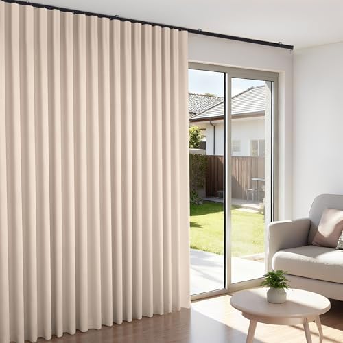 Room Divider Blackout Curtains Flexible Sliding Tracks Sets Ceiling Mounted Rod Window Curtain Privacy Separation for Bedroom Living Rooms,1 Panel Beige Drape and Black Track Set-W180xH96 in - Image 2