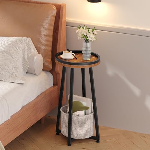 HOOBRO Small Round Side Table, 2-Tier Round Sofa End Table, Compact Nightstand with Cotton Linen Storage Basket, for Small Space, Living Room, Bedroom, Dorm, Rustic Brown BF183BZ01 - Image 6