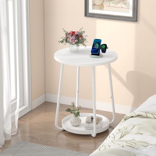 sthmec Small Round Side End Table with Storage, 2 Tier Round Bedside Sofa Couch Coffee Tables with Tray, Metal Nightstand for Small Spaces, Living Room Bedroom, White - Image 5