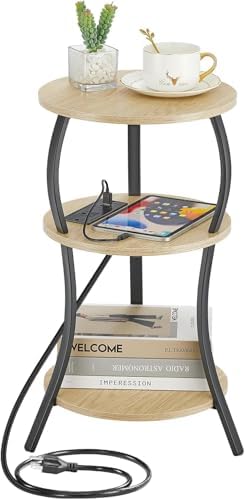 YEAKOO Small Side Table with Charging Station,3-Tier Round end Table by YEAKOO