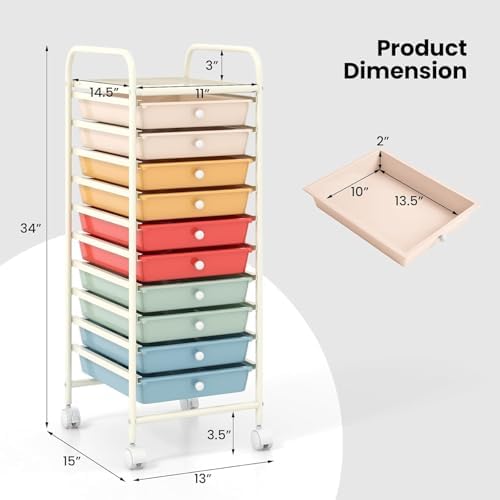 10-Drawer Rolling Storage Cart, Trolley w/Lockable 360° Wheels, 10 Removable PP Drawers, Sturdy Metal Frame, Rolling Utility Cart Perfect for Home, Office, Classroom (Macaron) - Image 2