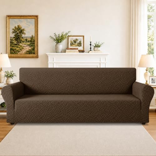 ZNSAYOTX 1 Piece Stretch Oversized Sofa Covers (91"-112"), New Plaid Couch Cover with Non-Slip Buckle for Dog Pets, Ultimate Soft Cozy Washable X-Large Sofa Slipcover Form Fit Protector, Coffee - Image 2