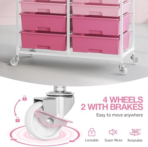 TOOLF 12 Drawers Rolling Storage Cart with Wooden Top for Classroom,Pink - Image 4