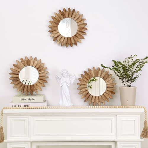 LOSOUR Boho Wall Decor Sunburst Mirror 3 Pack Rustic Round Wood Mirror 12 inch Boho Mirror Home Decor Farmhouse Room Decorations for Bedroom Living Room Entryway - Image 2