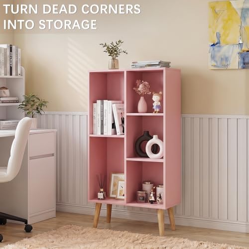 YAHARBO Small Light Pink Bookshelf,3 Tier Modern Kids Bookcase with Legs,5 Cube Wooden Bookshelves Storage Shelf,Book Shelves Organizer,Display Bookcases Cabinet for Room Nursery Study - Image 4